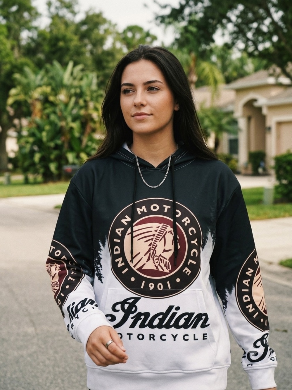 Indian Motorcycle Graphic Hoodie – Black & White Forest Print – Size Large